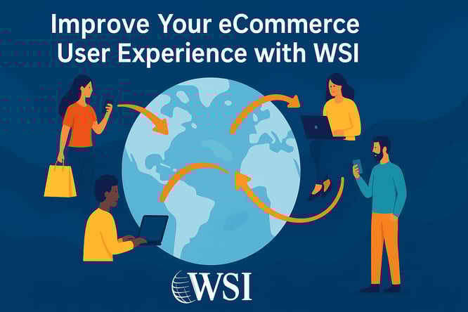 Graphic showing people around a globe using devices, highlighting how WSI helps improve global eCommerce user experience.